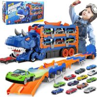 משאית דינוזאור עם מסלול ומכוניות מרוץ- Dinosaur Race Track